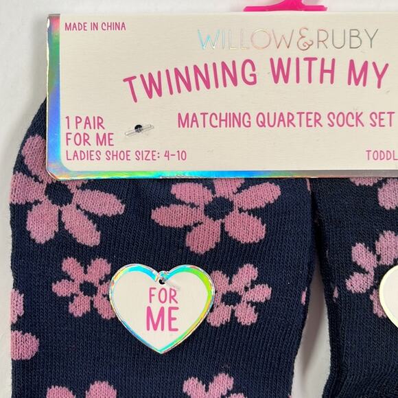 Willow & Ruby Sock Set 1 Adult 1 Child Navy Quarter Sock Blue with Pink Flowers - Picture 2 of 9